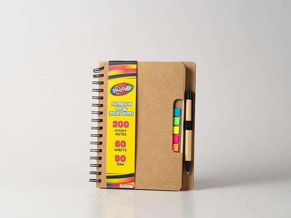 Cuaderno de espiral, tapa de papel kraft, 80 páginas rayadas, con notas adhesivas de colores y accesorio para colocar lapiceros