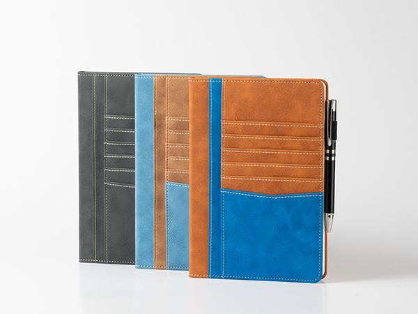 Cuadernos de cuero de dos colores, con bolsillos para guardar tarjetas, accesorio porta lapicero, 80 páginas rayadas