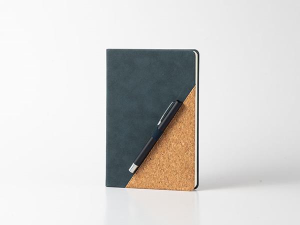 Cuadernos A5 de cuero de dos colores en contraste, accesorio porta lapicero, tapas de cuero sintético y cuero de corcho, 80 páginas rayadas