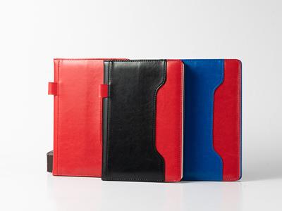 Cuadernos de cuero de dos colores en contraste, accesorio porta lapicero, bolsillo para documentos, 80 páginas rayadas